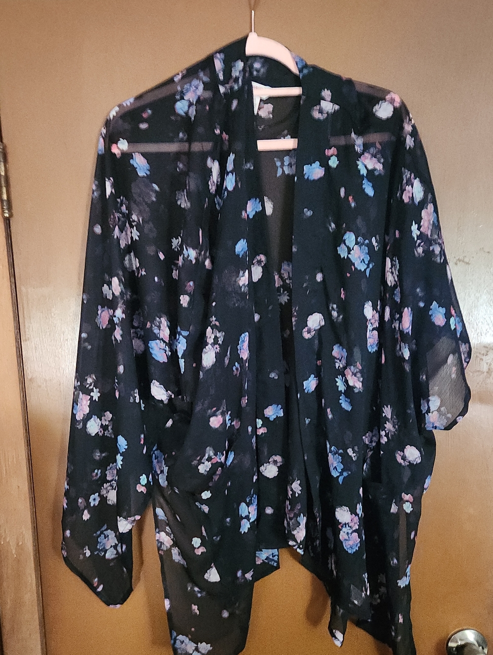 Arizona Jean Company Black Sheer Floral Kimono with Blue and Pink Accents